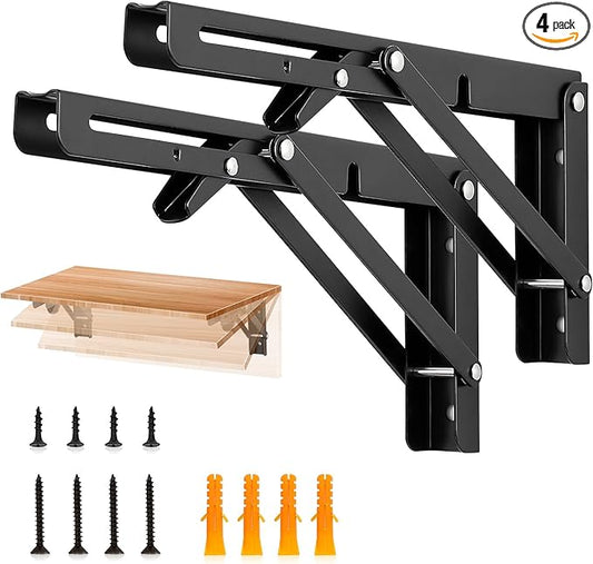 JOY DECOR 10 Inch Heavy Duty Folding Shelf Brackets, 4 Pack (2 Pairs) Collapsible Wall Mounted Brackets for Fold Down Table, Stainless Steel Folding Table Hinge, Matte Black