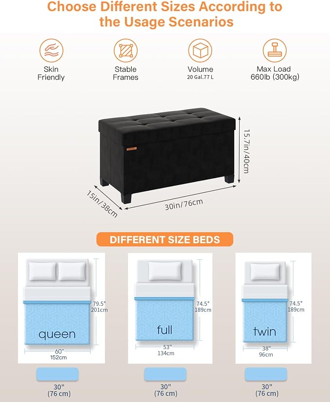 Foldable Storage Ottoman Bench, Velvet Footrest and Seat Cube with Feet, Storage Chest, for Living Room, Bedroom and Office, 15 x 30 x 15.7 Inches, Ink Black,ASND23B