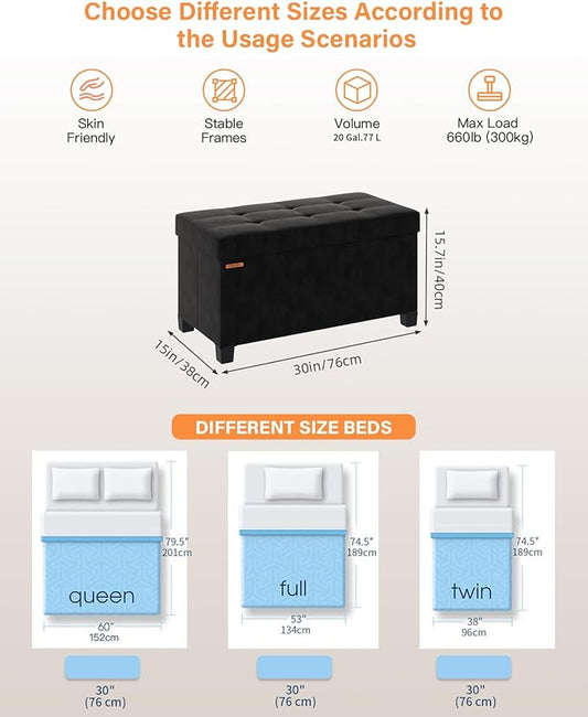 Foldable Storage Ottoman Bench, Velvet Footrest and Seat Cube with Feet, Storage Chest, for Living Room, Bedroom and Office, 15 x 30 x 15.7 Inches, Ink Black,ASND23B