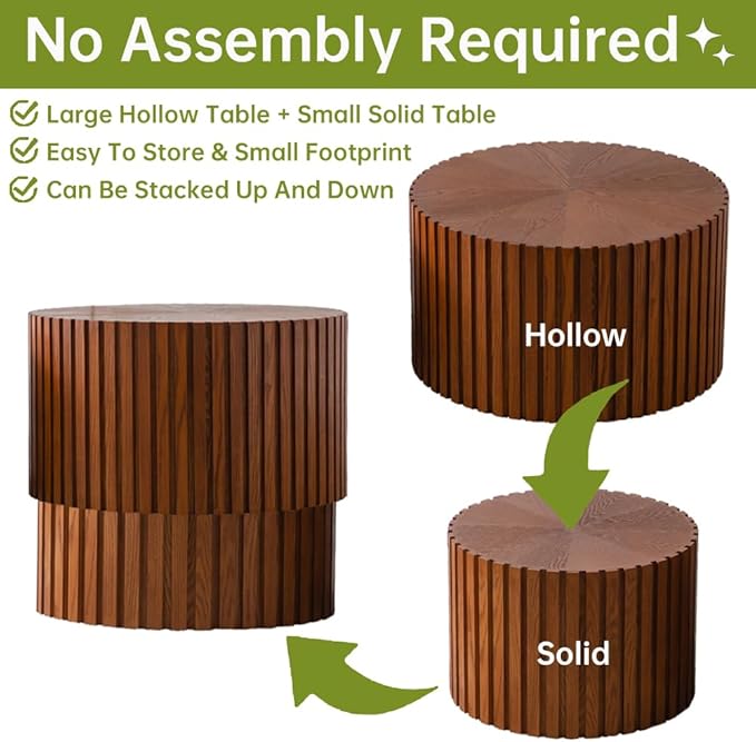 Round Nesting Coffee Table Set of 2 Small Round Coffee Tables for Living Room Modern Fluted Coffee Table Circular End Table Side Table for Small Spaces No Assembly (Brown, 27 in)