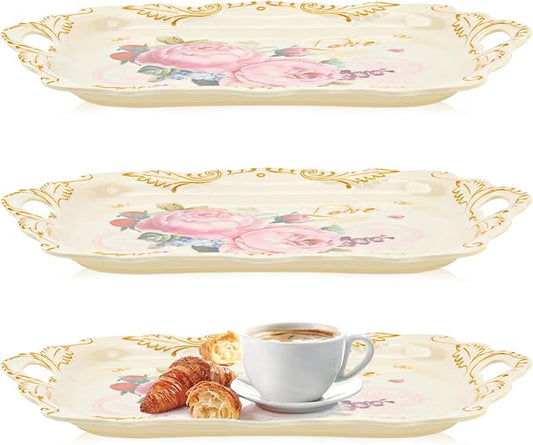 Art Trays Melamine Serving Tray, 3 Pack Stackable Food Tray, Large Platter with Handle for Eating, Unbreakable Large Serving Platter with Floral Print (15 x 10.2 x 1.3 Inches)