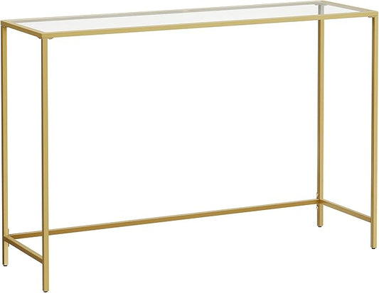 VASAGLE 47.2 Inches Console Table, Tempered Glass Sofa Table, Modern Entryway Table, Sturdy Metal Frame, Easy to Assemble, Adjustable Feet, for Living Room, Hallway, Gold Color ULGT036A01