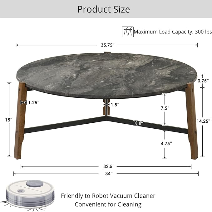 Modern Round Coffee Table, 36’’ Wide Wooden Side Table Mid-Century End Table with Wood Legs Metal Support for Living Room Bedroom, Black