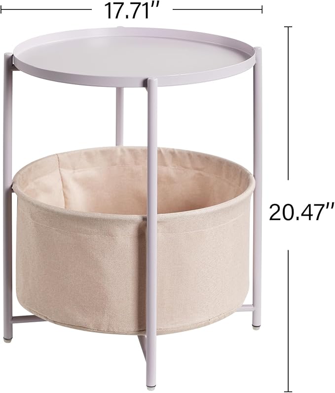 danpinera Round Side Table with Fabric Storage Basket, Metal Side Table Small Bedside Nightstand with Removable Tray Top for Living Room, Bedroom, Nursery, Laundry, Light Violet