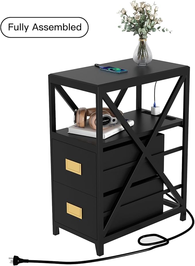 Fully Assembled Narrow Side Table with Charging Station, No Assembly Narrow Nightstand with USB Ports, Pre Assembled Skinny End Table with Outlets for Living Room, Bedroom-Black