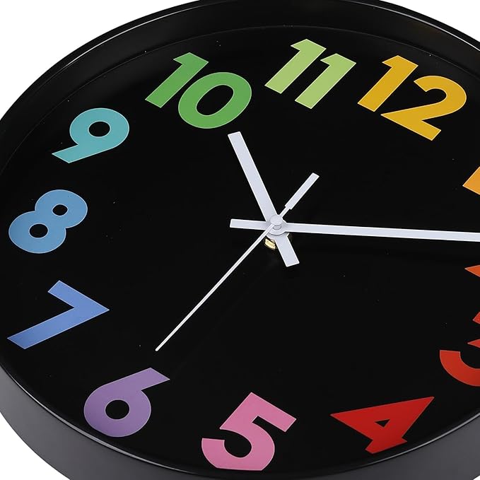 12 Inch Wall Clock for Kids Non Ticking Battery Operated Toddler Teaching Clock Silent Colorful Time Decorative Round Clock for Bedroom, Nursery Room, School, Home/Black