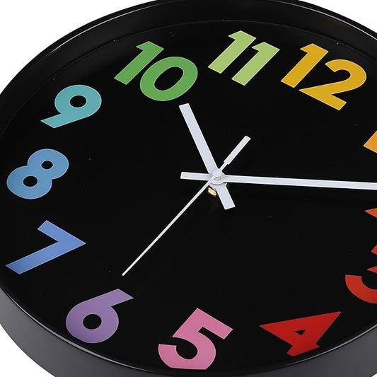 12 Inch Wall Clock for Kids Non Ticking Battery Operated Toddler Teaching Clock Silent Colorful Time Decorative Round Clock for Bedroom, Nursery Room, School, Home/Black