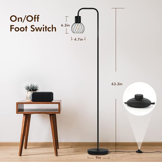 Floor Lamp, Industrial Floor Lamp for Living Room, Modern Standing Lamp with 6W LED Bulb, Foot Switch, Minimalist Pole Lamp Vintage Farmhouse Stand Up Lamps for Bedroom, Office, Book Nook,Black