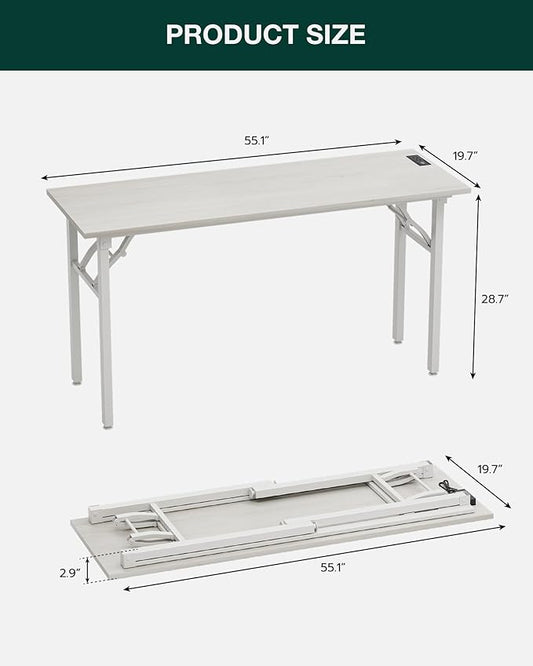 Frylr Small Folding Computer Desk – 55.1 Inch Portable Table for Craft and Study, Lightweight Desk for Small Spaces, Foldable Laptop Table Built-in AC/USB Outlets for Convenience, White Ash