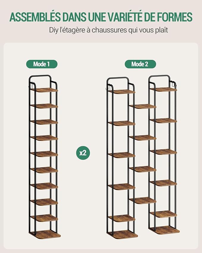 10 Tiers Vertical Shoe Rack, Narrow Shoe Tower, Tall Shoes Shelf with 2 Hooks, Adjustable Shelves, Corner Shoes Shelves for Small Spaces, Entryway, Living Room, Rustic Brown SR11201B