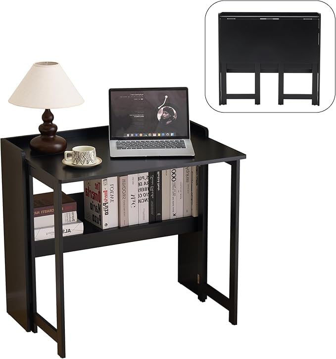 Folding Table with Storage Shelf,32.7 Inch Foldable Computer Desk for Small Spaces,Small Writing Desk for Bedroom Home Office Dorm and Apartment (Black)