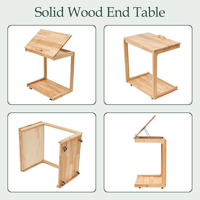 C Shaped Rolling End Table with Wheels - Solid Wood Side Table for Couch, Wooden Modern Tv Tray Bedside Tables for Sofa Armchair Living Room Bedroom, Natural, 15.4 in x 23.6 in x 24.8 in