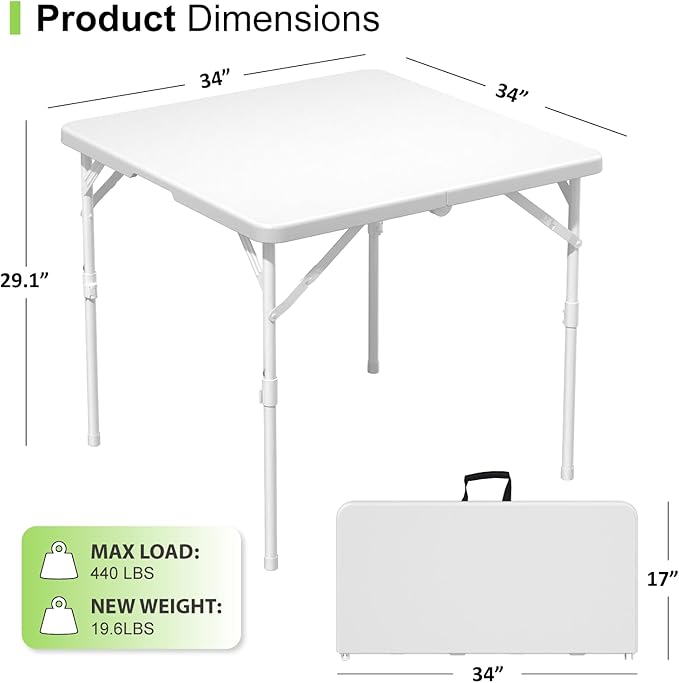 34" Folding Table, Portable Square Card Table with Collapsible Legs and Carrrying Handle, White Plastic Foldable Tables for Camping, Picnic, Office, Party, Events, Puzzle, Games, Working