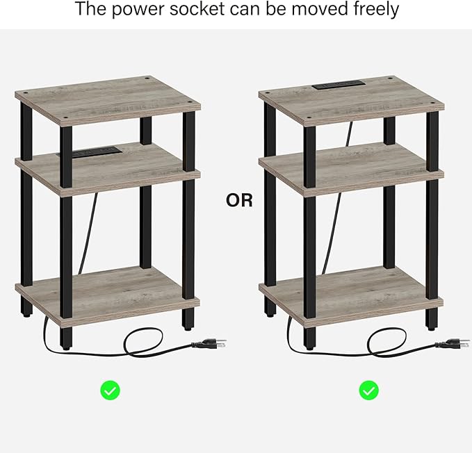 TUTOTAK Set of 2 End Table with Charging Station, Side Table with USB Ports and Outlets, Nightstand, 3-Tier Storage Shelf, Sofa Table for Small Space TB01BG0422