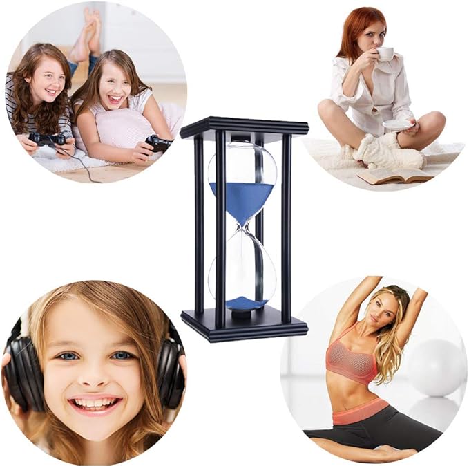 Lodunsyr Hourglass Timer for 60 Minutes Sandglass Timer for Kitchen Living Room Home Office Desk Bedroom Party Festival Coffee Table Book Shelf School Game Sand Timer Clock (Black Frame Blue Sand)