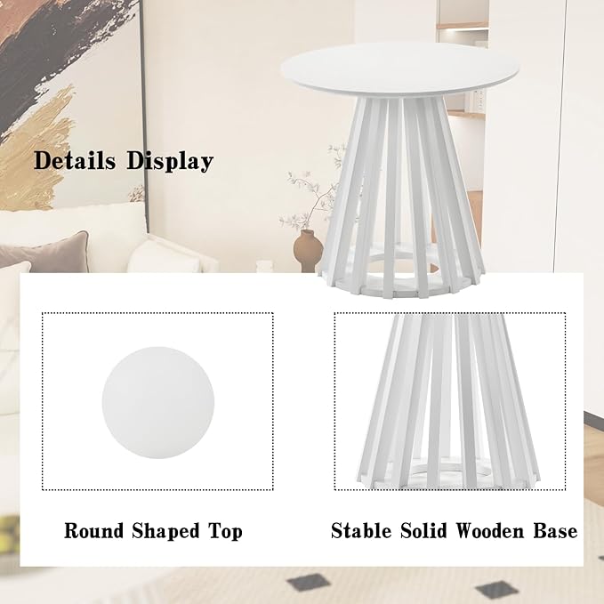 DUOMAY Modern Solid Round Side Table with Geometric Base, Natural Wood Accent End Table Center Table for Living Room, Bedroom, Lounge, Office, White Color