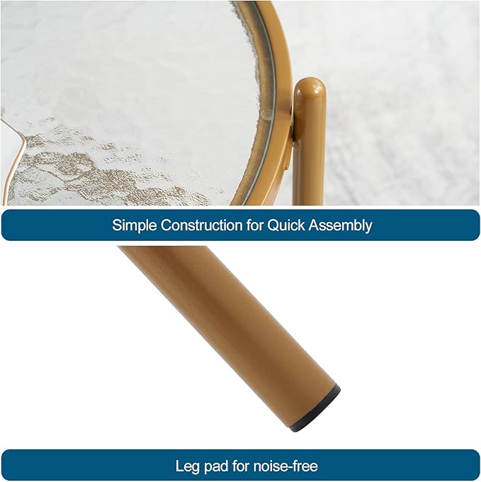 VINGLI 25.6" Small Matte Gold Round Coffee Table Water-Wave Glass Circle Clear Coffee Table, Center Table with 2-Tier Modern Storage Design for Living Room, Bedroom, Meeting Room, Balcony, Patio