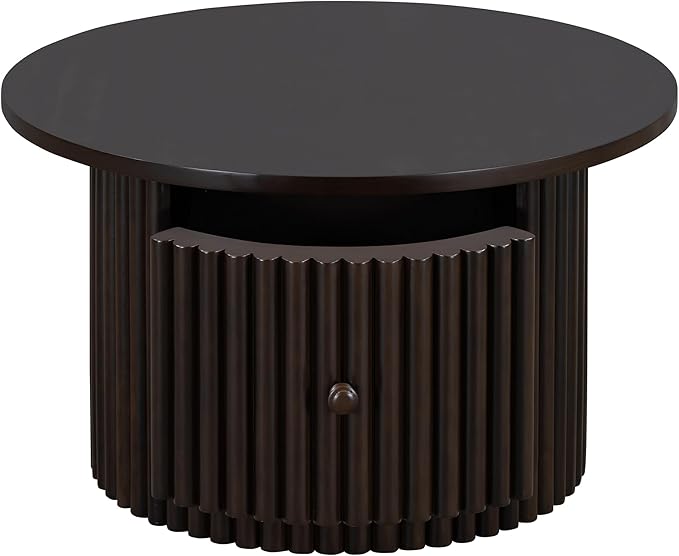 Harper & Bright Designs Round Coffee Table for Living Room in Dark Brown, Farmhouse Coffee Table with a Drawer, Center Table with Vertical Slat Base in 30.5"