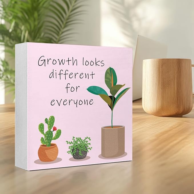 LVQHI Pink Inspirational Wood Block Sign,Growth Looks Different for Everyone Plant Motivational Wooden Block Sign for Home Bedroom Office Desk Decor,Inspirational Cheer Up Gift for Coworker Friend