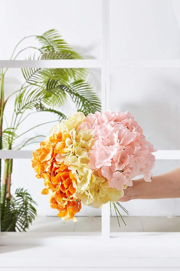 10Pcs Artificial Hydrangea Flowers Blush Heads Fake Hydrangea Silk Flowers for Wedding Centerpieces Bouquets DIY Floral Decor Home Decoration with Stems(VASE NOT Included)