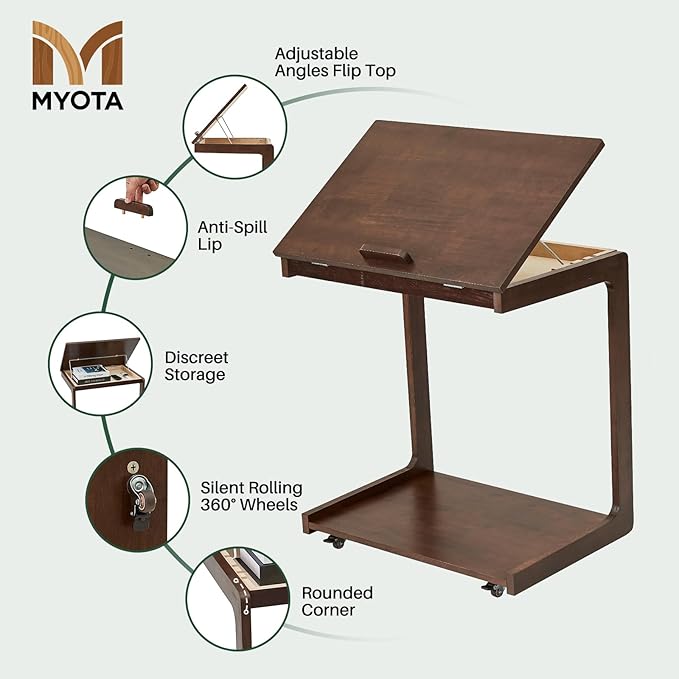 C Shaped Rolling End Table with Wheels - Solid Wood Side Table for Couch, Wooden Modern Tv Tray Bedside Tables for Sofa Armchair Living Room Bedroom, Brown, 15.4 in x 23.6 in x 24.8 in