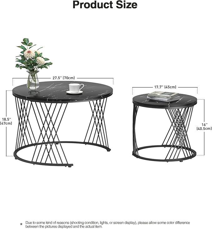 Giluta Black Round Coffee Table Set of 2, Modern Coffee Tables for Living Room, Faux Marble Center Table, Nesting Coffee Table