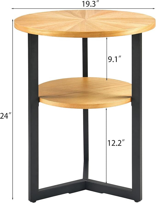 Round End Table with Storage Shelf, 19.29in Circel Accent Side Table with Black Metal Legs, 2-Tier Wood Round Sofa Side Table for Living Room Bedroom, Oak-BZ