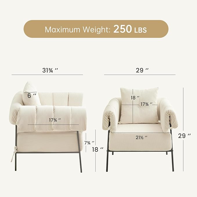 Furniliving Modern Accent Chairs Comfy Chairs with Pillow Lounge Chair Reading Chair for Living Room Upholstered Bedroom Arm Chair with Metal Frame, Armchair, Soft Cushion, Corduroy, Beige