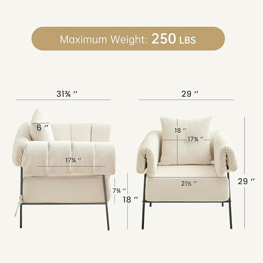 Furniliving Modern Accent Chairs Comfy Chairs with Pillow Lounge Chair Reading Chair for Living Room Upholstered Bedroom Arm Chair with Metal Frame, Armchair, Soft Cushion, Corduroy, Beige