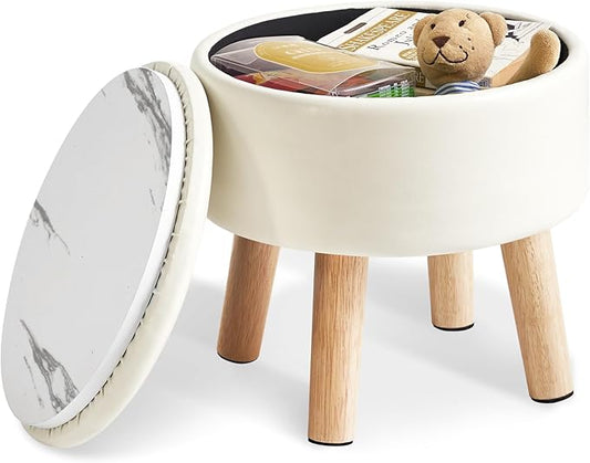 IBUYKE 13 Inch Foot Stool Ottoman with Storage, Round Small Foot Rest with Padded Seat and Wood Legs, PU Faux Leather Mini Footstool for Living Room Couch Bedroom Entryway, Beige WBD023W