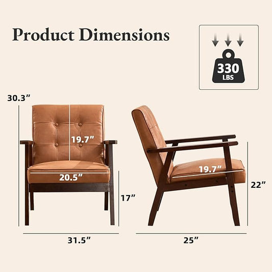 Bonzy Home Mid Century Modern Accent Chair for Living Room, Upholstered Faux Leather Armchair Comfy Retro Bedroom Side Chair with Solid Wood Frame, Orange