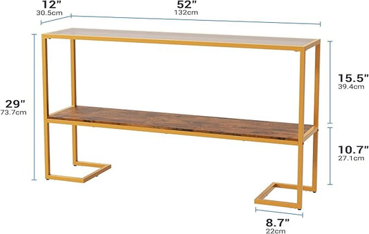 Console Sofa Table, 52" Modern Entryway Table, 2-Tier Open Shelf with Tempered Glass, Metal Frame Behind Couch Table with Gold Metal Frame for Living Room Hallway Entrance, Brown