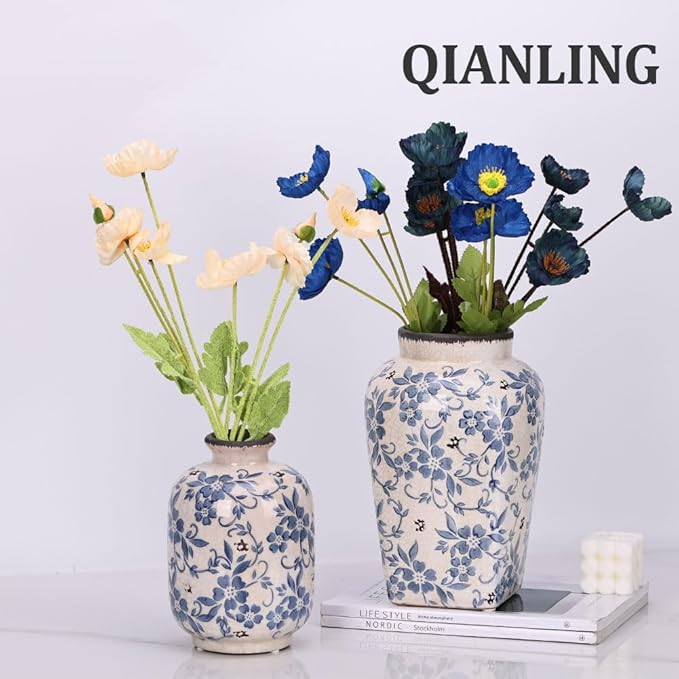 Chinoiserie Vase - 7.9" Tall Chinoiserie Decor Ice Crackle Vintage Blue and White Floral Vase, Farmhouse Country Home Decor, Living Room, Dining Table, Fireplace and Entryway Decor Centerpieces