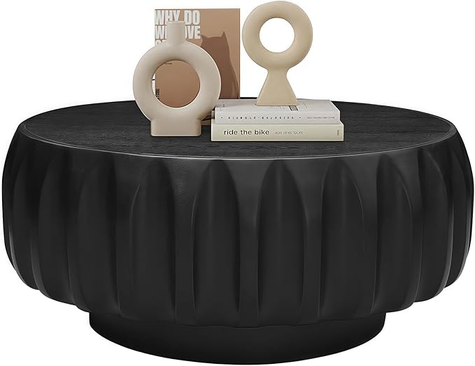 31.5" Round Solid Wood Carved Coffee Table with Elegant Sculptural Design,Modern Side Table for Living Room,Bedroom,Office，Black