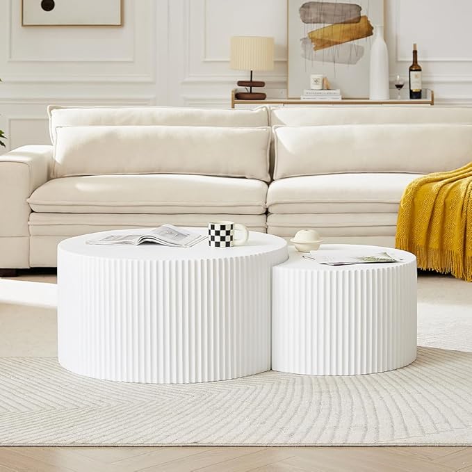 WILLIAMSPACE Nesting Coffee Table Set of 2, Round & Crescent Moon Wooden Coffee Tables, Modern Luxury Accent End Tea Table for Living Room Apartment (White-Round)
