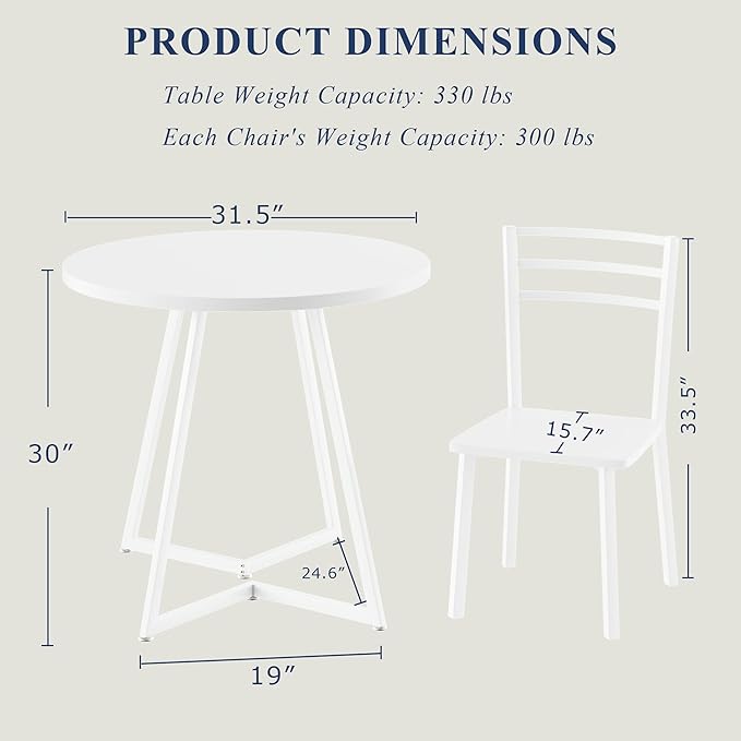 VECELO Small Round Dining Table Set for 2, Wood Tabletop with Strong Metal Frame, Modern Dinette with Chairs for Kitchen, Breakfast Nook Living Room, Pure White