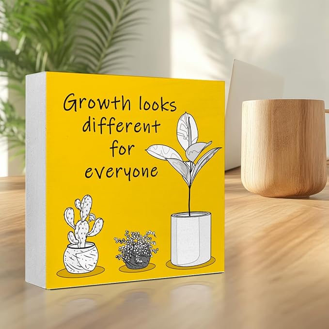 LVQHI Inspirational Wood Block Sign,Growth Looks Different for Everyone Plant Motivational Wooden Block Sign for Home Bedroom Office Desk Table Decor,Inspirational Cheer Up Gift for Coworker,5"x5"