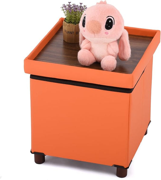 Storage Ottoman for Living Room Ottoman Square with Tray Bedroom Cube Foot Rest Stool with Legs Small Ottomans Coffee Table Lid Foldable Footstool Faxu Leather 15" in (Orange)