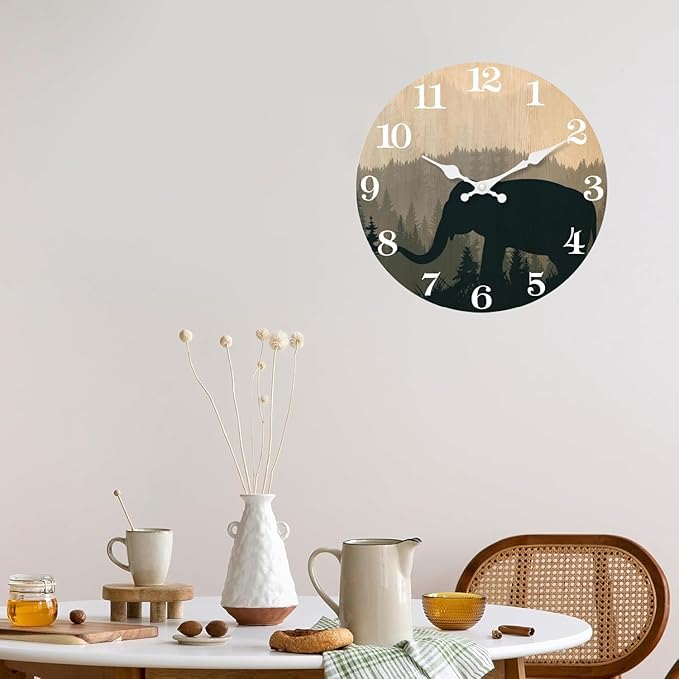 XFM 10 inch Elephant Wall Clock Silent Non-Ticking Clocks Forest Wildlife Wall Clocks Battery Operated Rustic Farmhouse Clock for Home Decor Living Room Kitchen Office