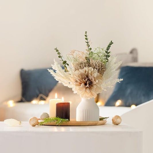 Mkono Small Artificial Flowers in Ceramic Vase 13.5" Centerpieces Coffee Table Decor, Silk Flower Arrangements for Home Decor Indoor Fake Flower Bouquet for Bathroom Dining Room Kitchen Wedding Brown