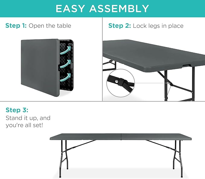 Best Choice Products 8ft Plastic Folding Table, Indoor Outdoor Heavy Duty Portable w/Handle, Lock for Picnic, Party, Pong, Camping - Dark Gray