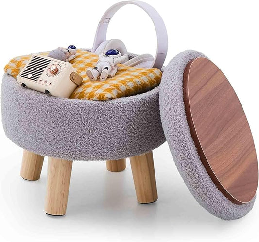 Wimarsbon Storage Ottoman, Modern Round Footrest with Soft Padded Seat, Teddy Velvet Footstool with Wood Legs, Accent Small Table or Plant Stand for Hallway, Living Room (Grey)