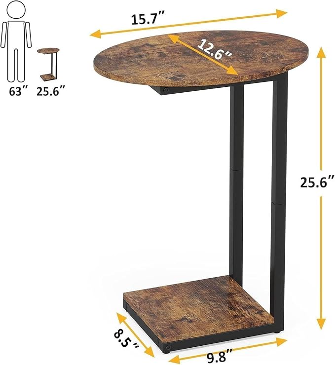 Hosfais Side Table Small End Table, C-Shaped Wood Sofa Table with Metal Frame for Living Room, Bedroom, Small Spaces (Rustic Brown)