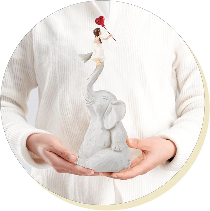 Elephant Statue Home Decor - Handmade Resin Sculpture Girl with Love Balloon Sitting on Elephant Figurines, Gifts for Women Girl Birthday