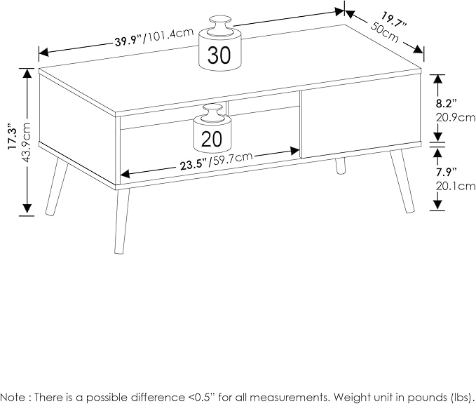Furinno Claude Mid Century Style Coffee Table with Wood Legs, Marble White