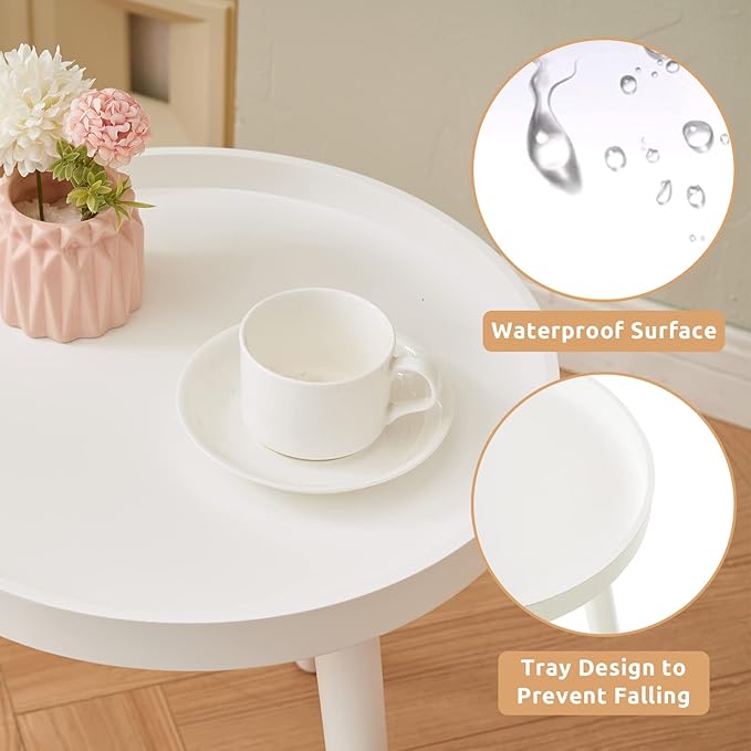 Apicizon White Round Side Table Set of 2, Tray Nightstand Sofa Coffee End Table for Living Room, Bedroom, Small Spaces, Easy Assembly Bedside Table, 15 x 18 Inches, White