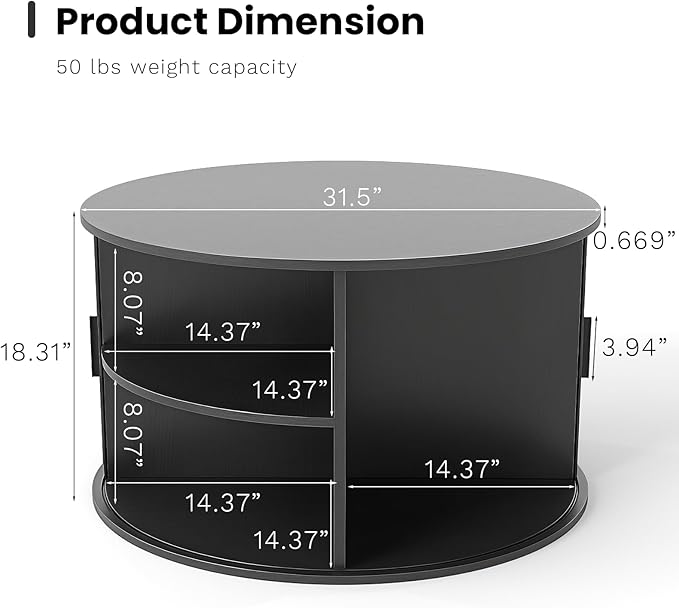 SoarFlash 31.5 Inch Fluted Coffee Table with Storage, Mid Century Modern Round Coffee Table with Shelf, Center Table with Sliding Door and Wood Fluted Handle for Living Room, Black