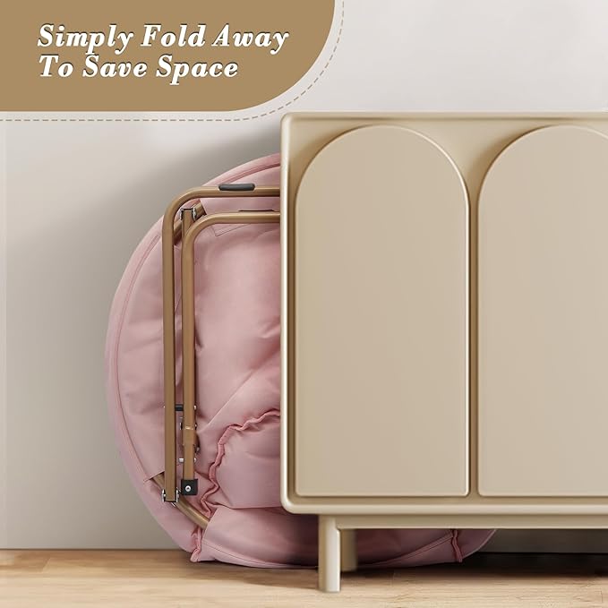 Athena Collection Saucer Chair with Ottoman Comfy Chair for Bed Room Living Room Folding Round Cozy Chair Faux Fur Metal Frame Foldable Lazy Chair Accent Chair Reading Chair Set of 2, Pink