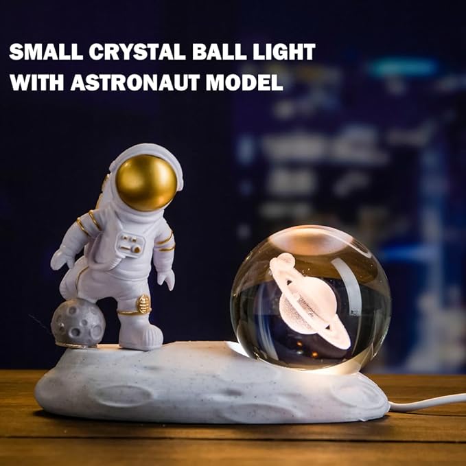 3D Astronaut Crystal Ball Night Light, 3D Inner Carved Crystal Ball Night Lamp, Glowing Crystal Ball with LED Light Base, Color Changing Light & Kids Birthday Gift (Gold, Saturn)