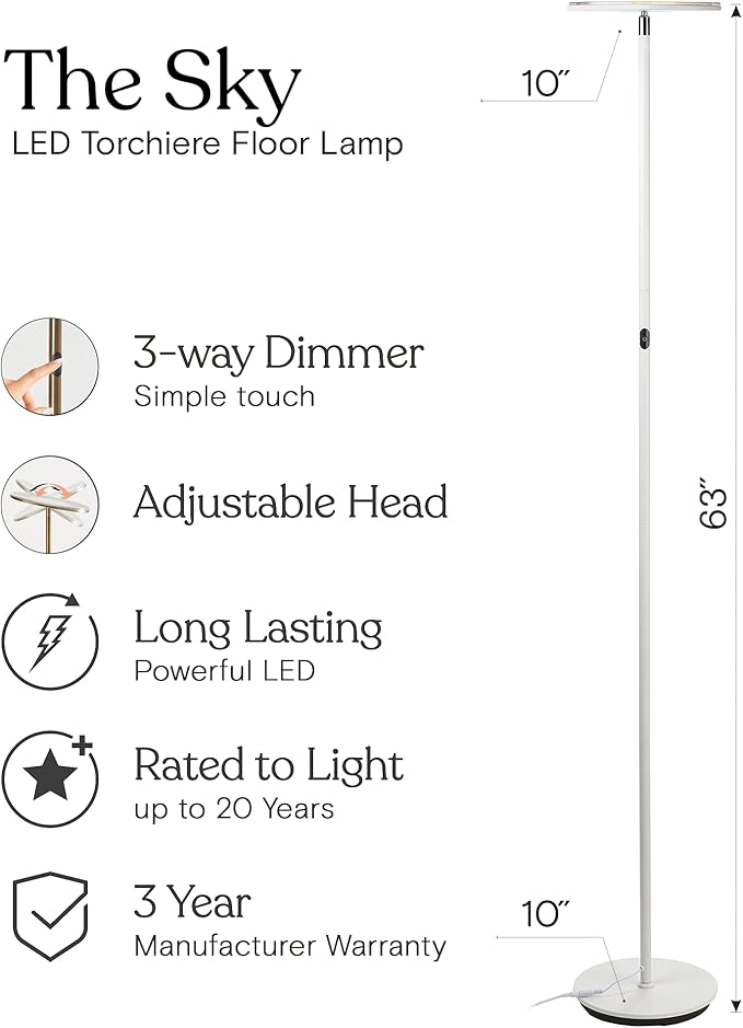 Brightech Sky LED Torchiere Super Bright Floor Lamp - Contemporary, High Lumen Light for Living Rooms and Offices - Dimmable, Indoor Pole Uplight for Bedroom Reading - White